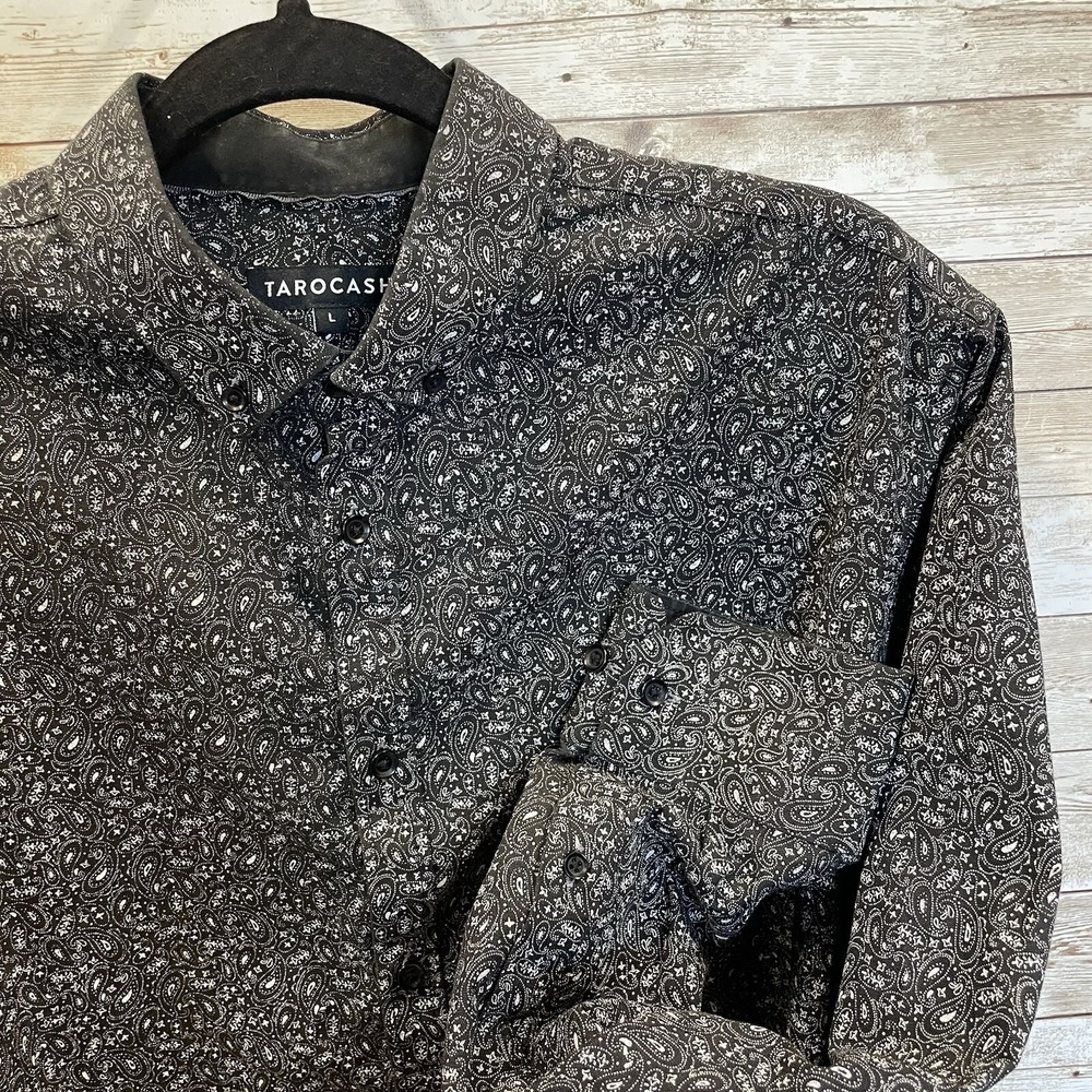 Tarocash Mens L Shirt Black Dress & Casual Button Up & Down White Paisley AOP